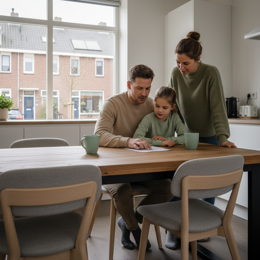 Een gezin (vader, moeder en dochter) zit samen aan een grote houten eettafel in een lichte woonkeuken en bespreekt aandachtig een noodplan.