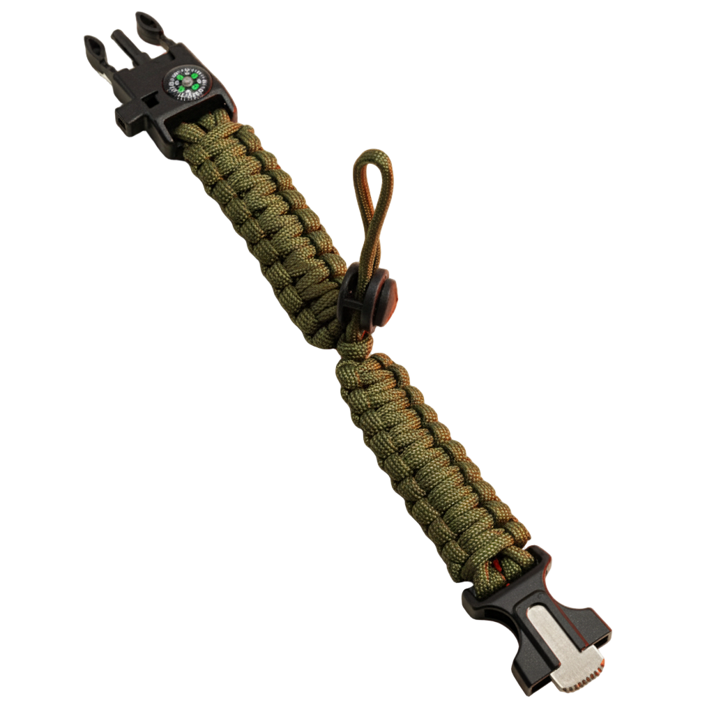 Volledig uitgevouwen groene paracord armband, waarbij de verstelbare lus in het midden en de twee helften van de survival-sluiting goed zichtbaar zijn.