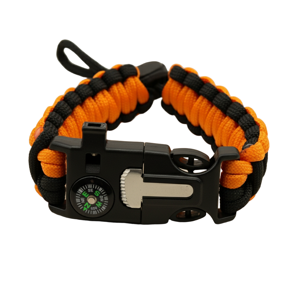 Oranje-zwarte paracord survival armband met een multifunctionele sluiting, voorzien van een ingebouwd kompas, noodfluitje en vuurstarter (scraper).