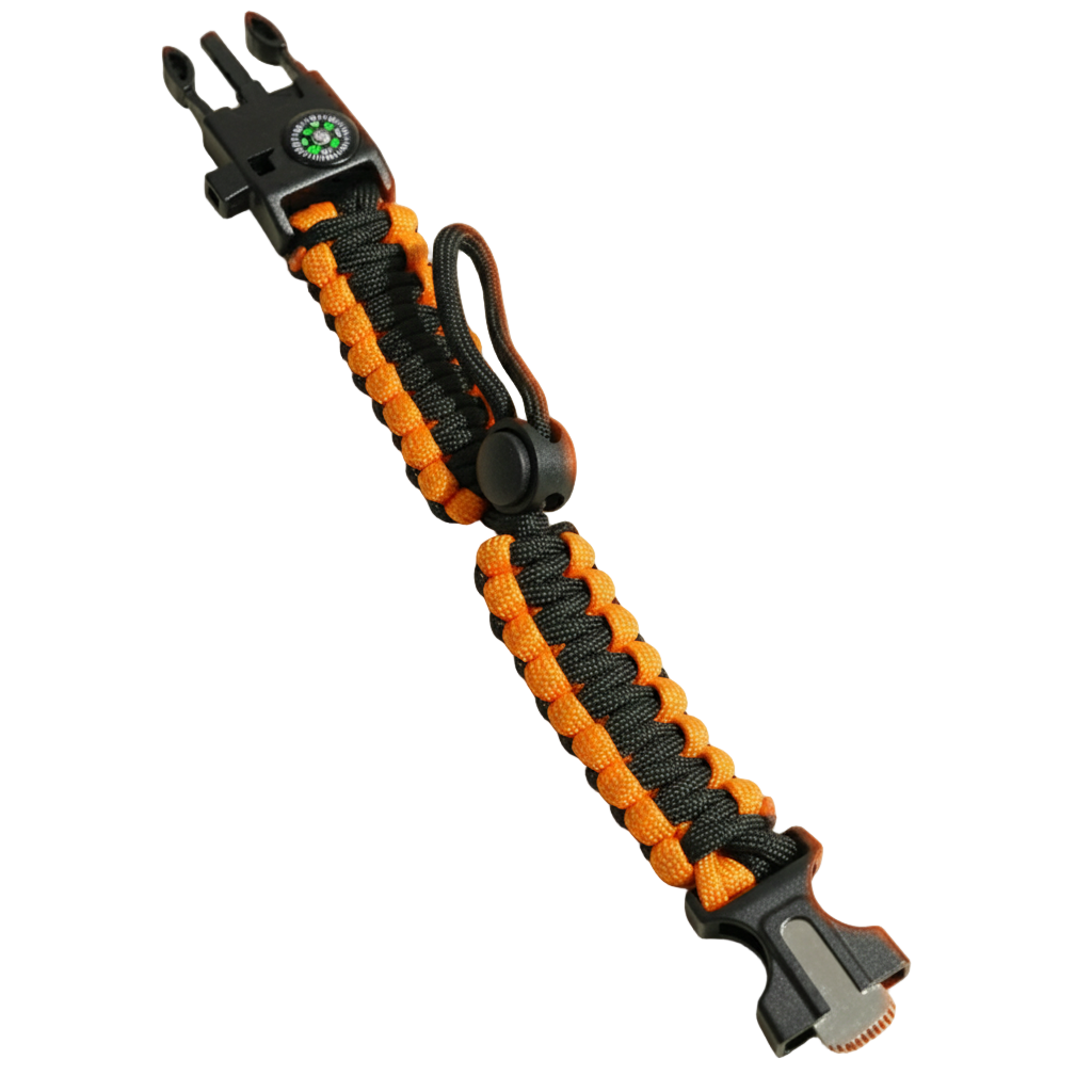 Volledig uitgevouwen oranje-zwarte paracord armband, waarbij de verstelbare lus in het midden en de twee helften van de survival-sluiting goed zichtbaar zijn.
