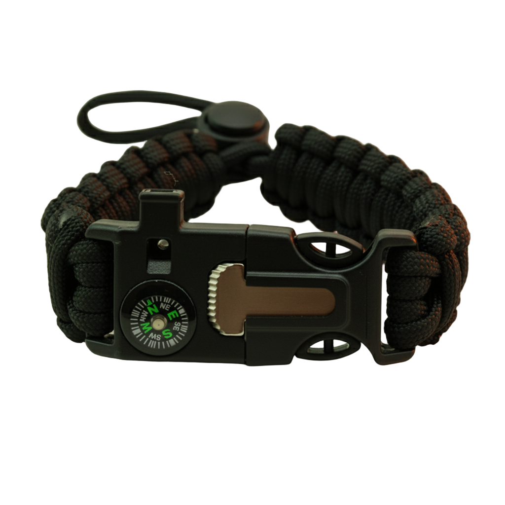 Zwarte paracord survival armband met een multifunctionele sluiting, voorzien van een ingebouwd kompas, noodfluitje en vuurstarter (scraper).