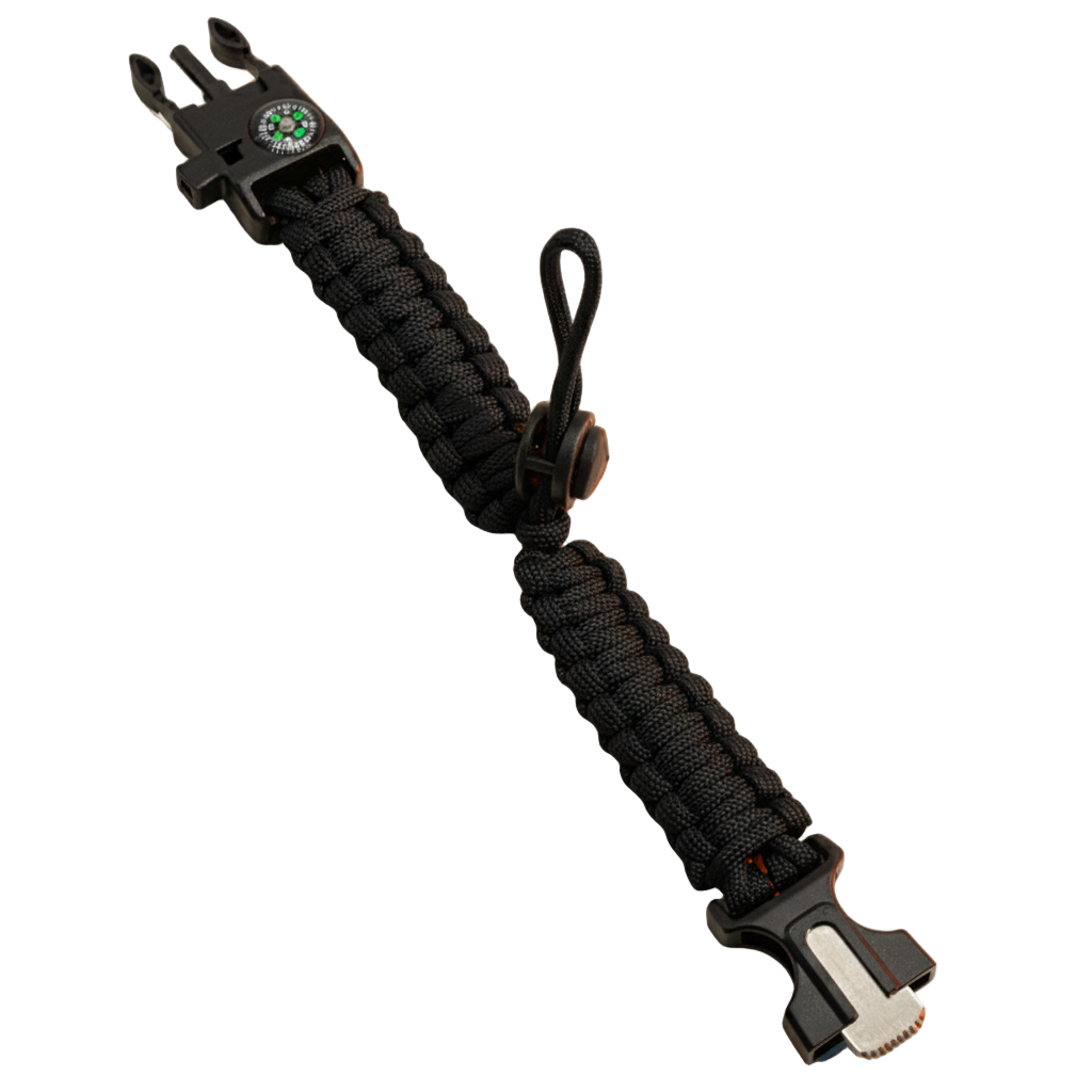 Volledig uitgevouwen zwarte paracord armband, waarbij de verstelbare lus in het midden en de twee helften van de survival-sluiting goed zichtbaar zijn.