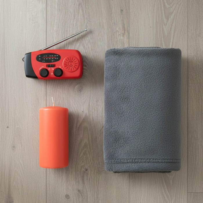 Bovenaanzicht van drie essentiële items op een houten vloer: een rode noodradio, een oranje kaars en een opgevouwen grijze fleece deken.