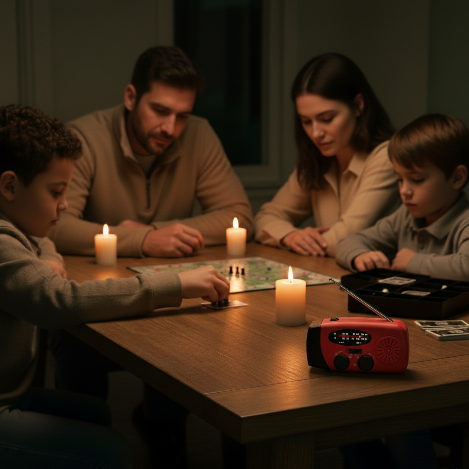 Een gezin van vier speelt 's avonds een bordspel aan een houten tafel bij kaarslicht. Een rode noodradio staat duidelijk zichtbaar op de voorgrond.