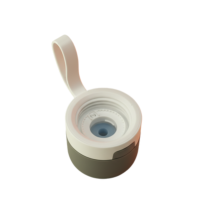 Binnenzijde van de schroefdop voor de waterfilterfles, met zicht op de witte schroefdraad, de siliconen afdichtring en de draaglus.