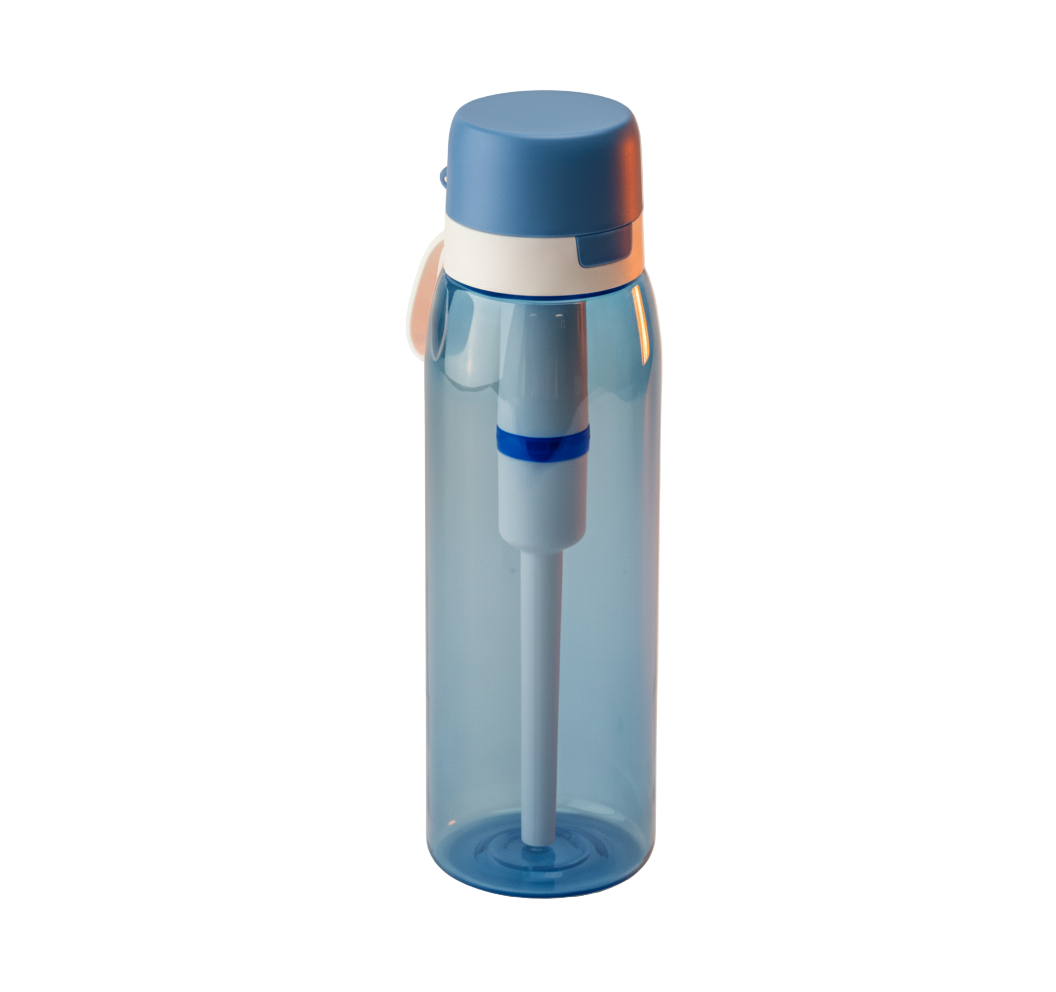 Transparant blauwe drinkfles met geïntegreerd wit waterfilter en stevige schroefdop.
