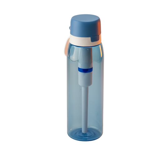 Transparant blauwe drinkfles met geïntegreerd wit waterfilter en stevige schroefdop.