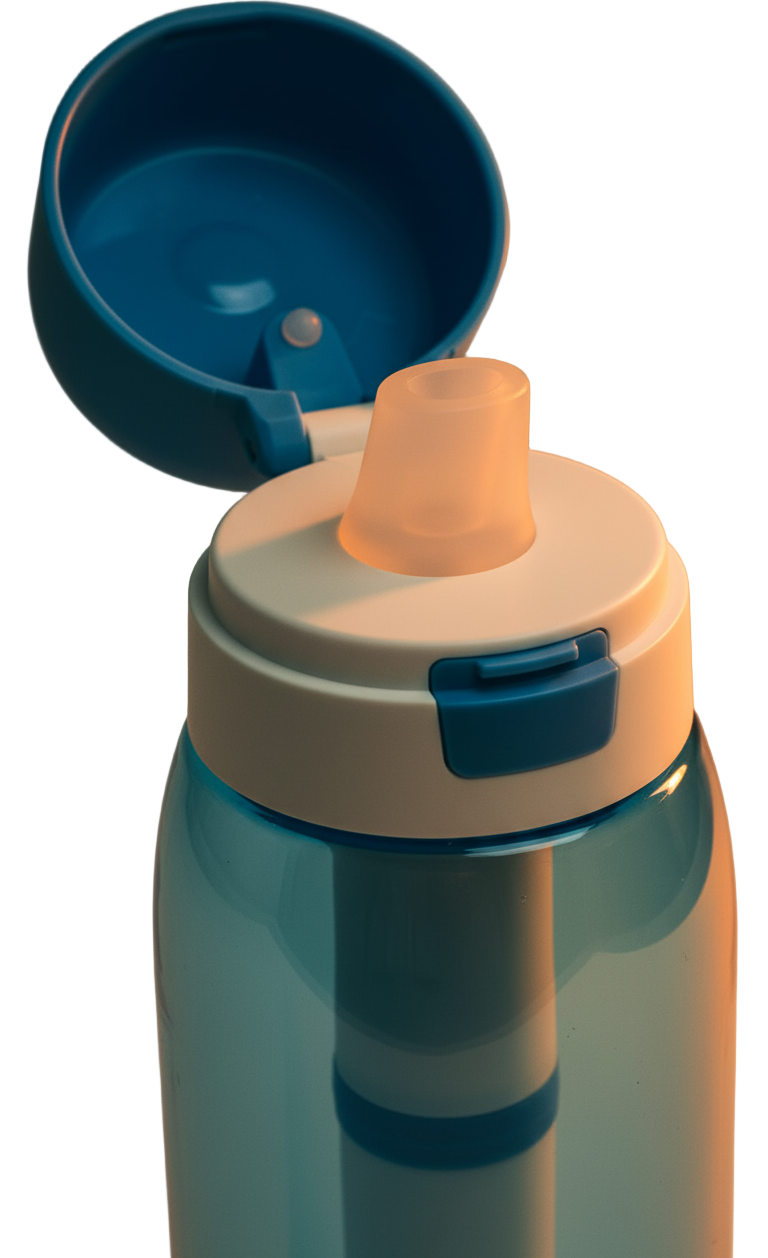 Close-up van de bovenkant van de blauwe waterfilterfles met de beschermdop geopend, waardoor de witte drinktuit en het interne filter goed zichtbaar zijn.