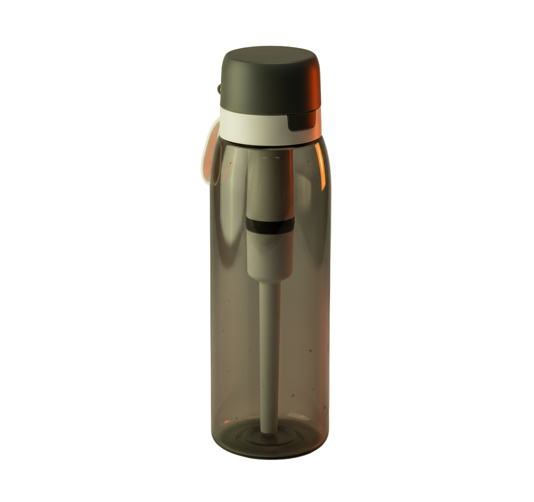 Transparant grijze drinkfles met geïntegreerd wit waterfilter en stevige schroefdop.