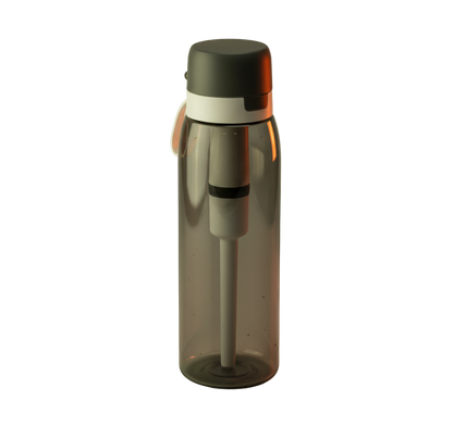 Transparant grijze drinkfles met geïntegreerd wit waterfilter en stevige schroefdop.
