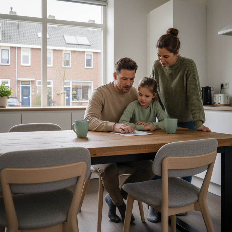 Een gezin (vader, moeder en dochter) zit samen aan een grote houten eettafel in een lichte woonkeuken en bespreekt aandachtig een noodplan.