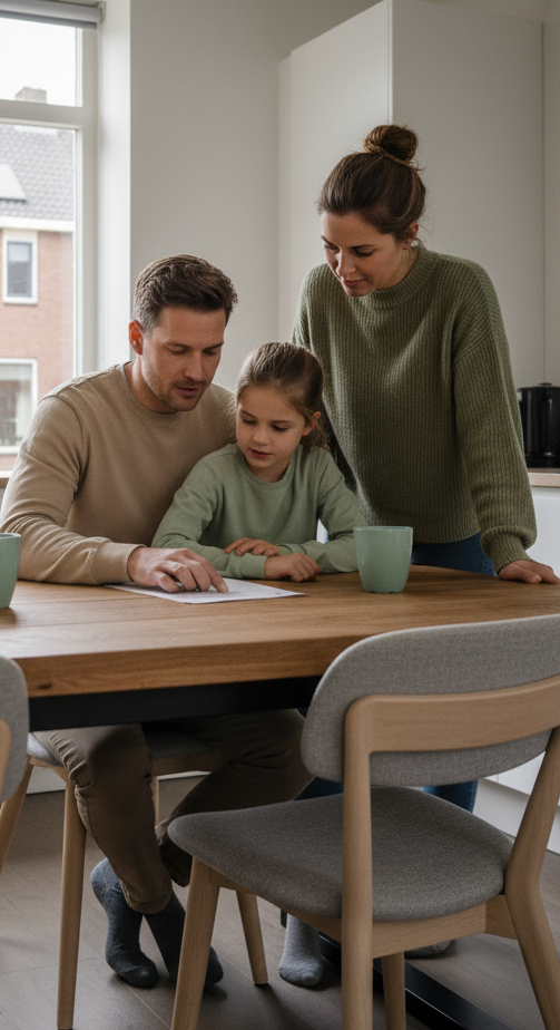 Een gezin (vader, moeder en dochter) zit samen aan een grote houten eettafel in een lichte woonkeuken en bespreekt aandachtig een noodplan.