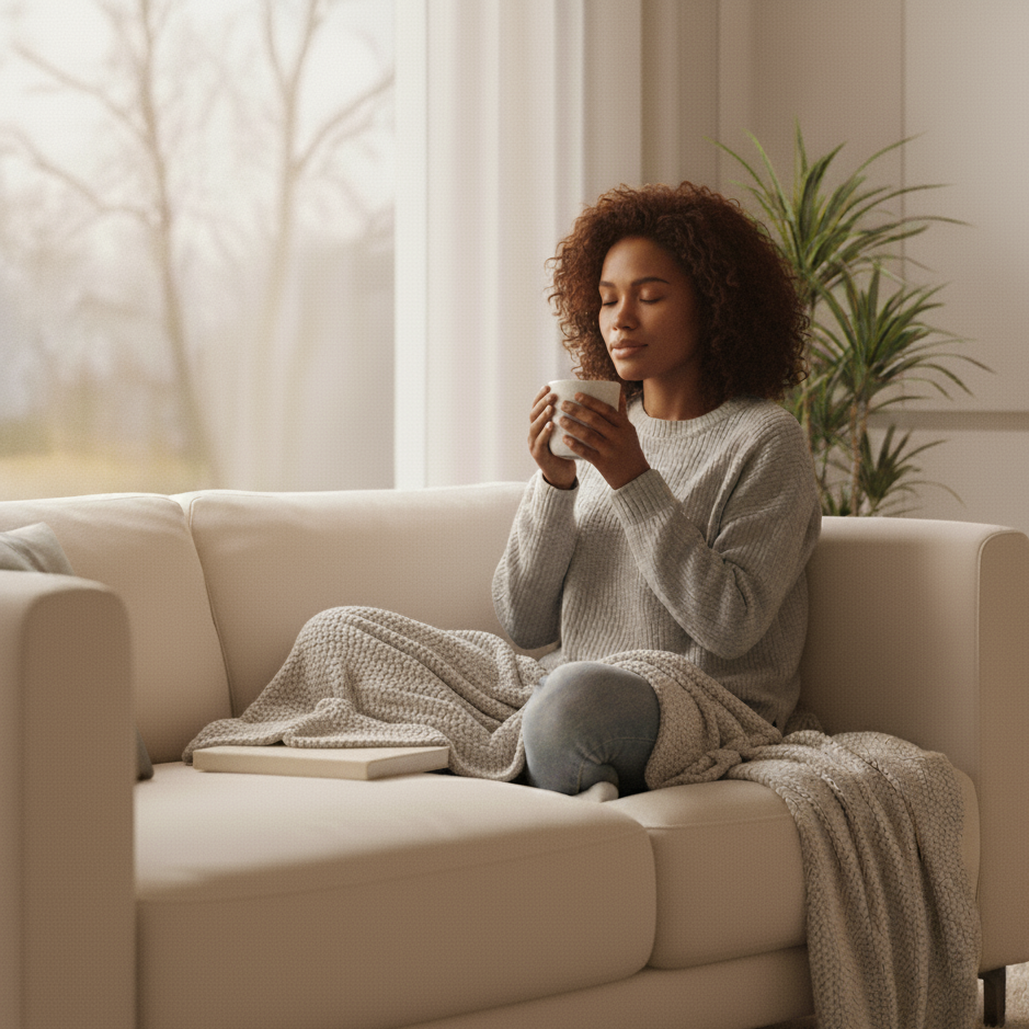 Een vrouw met krullend haar zit ontspannen op een lichte beige bank, houdt met gesloten ogen een witte mok vast en heeft een grijze gebreide deken over haar benen.