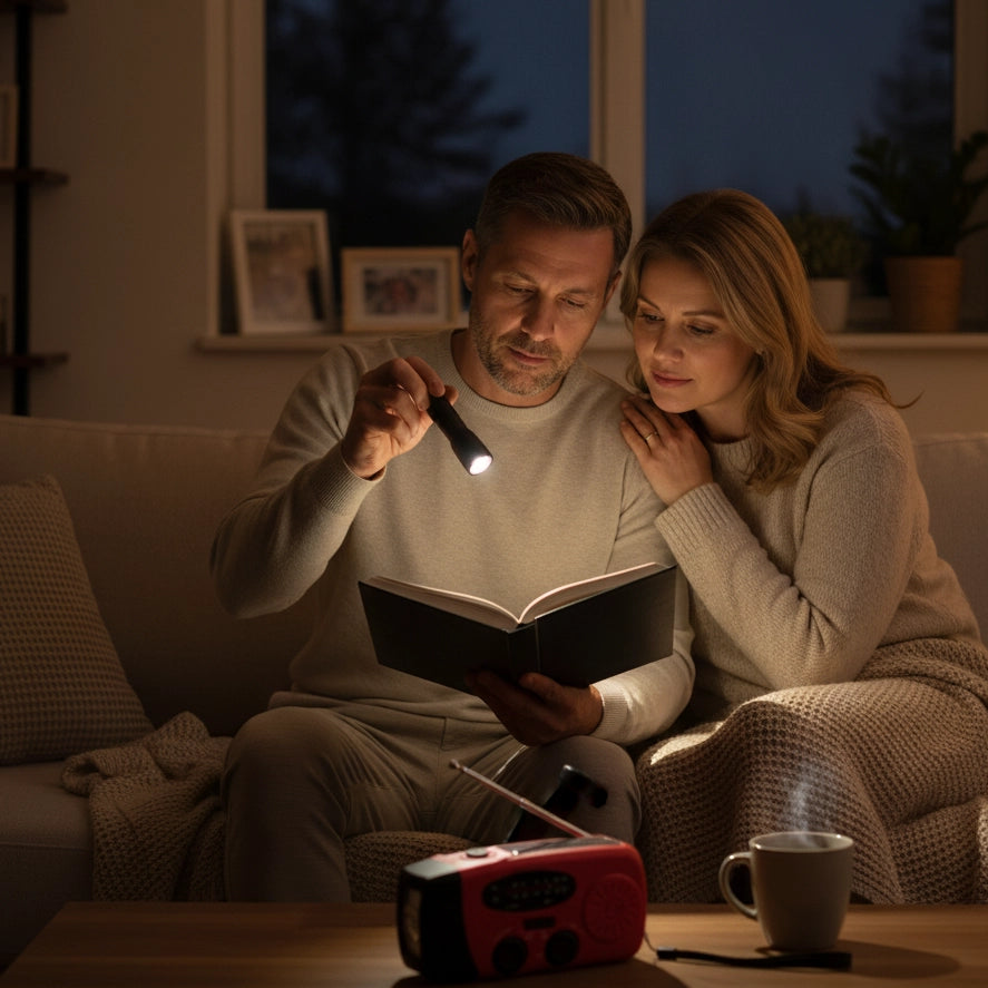 Een koppel zit op de bank in het donker en leest samen een boek bij het licht van een zaklamp tijdens een stroomstoring. Een rode opwindbare noodradio staat op de salontafel op de voorgrond.