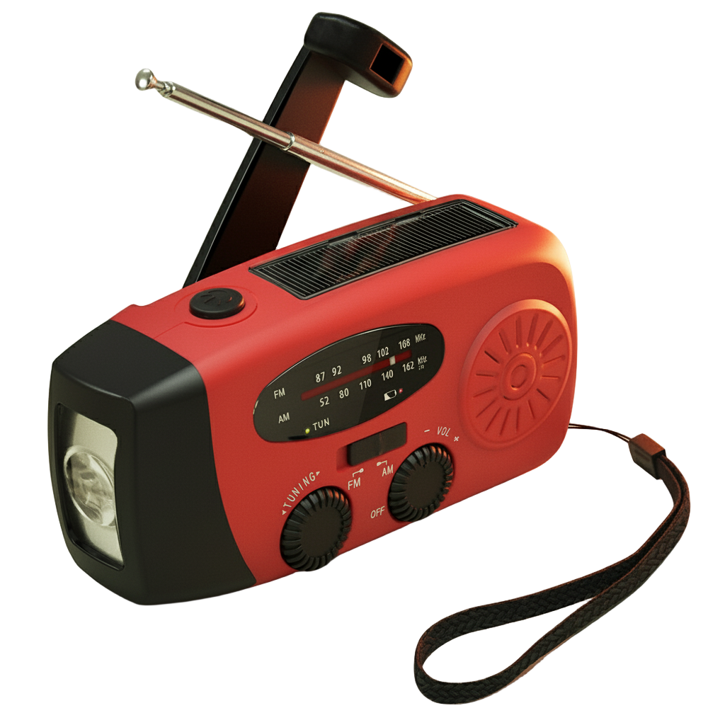 Rode opwindbare noodradio met zonnepaneel, ingebouwde zaklamp en uitgeschoven antenne op een lichte achtergrond.