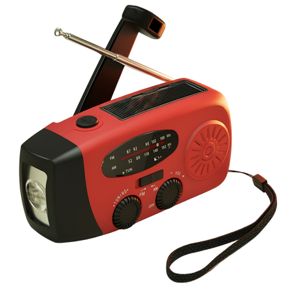 Rode opwindbare noodradio met zonnepaneel, ingebouwde zaklamp en uitgeschoven antenne op een lichte achtergrond.