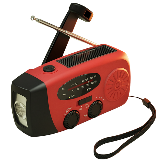 Rode opwindbare noodradio met zonnepaneel, ingebouwde zaklamp en uitgeschoven antenne op een lichte achtergrond.