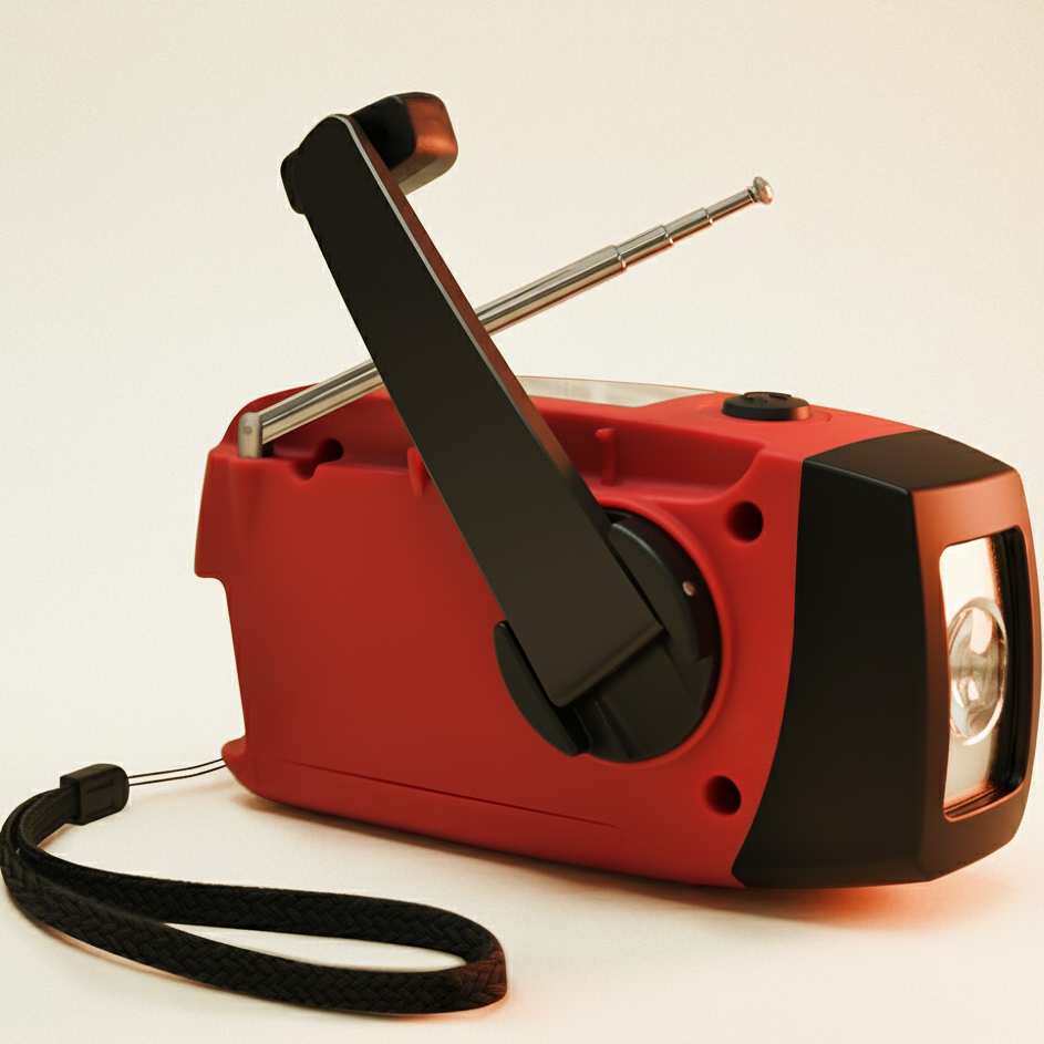 Achteraanzicht van de rode noodradio, met de grote zwarte opwindhendel (dynamo) uitgeklapt en het polsbandje op de voorgrond.