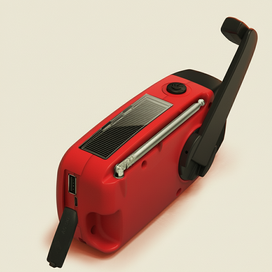 Bovenaanzicht van de rode noodradio met duidelijk zichtbaar geïntegreerd zonnepaneel, ingeklapte antenne en uitgeklapte opwindhendel.