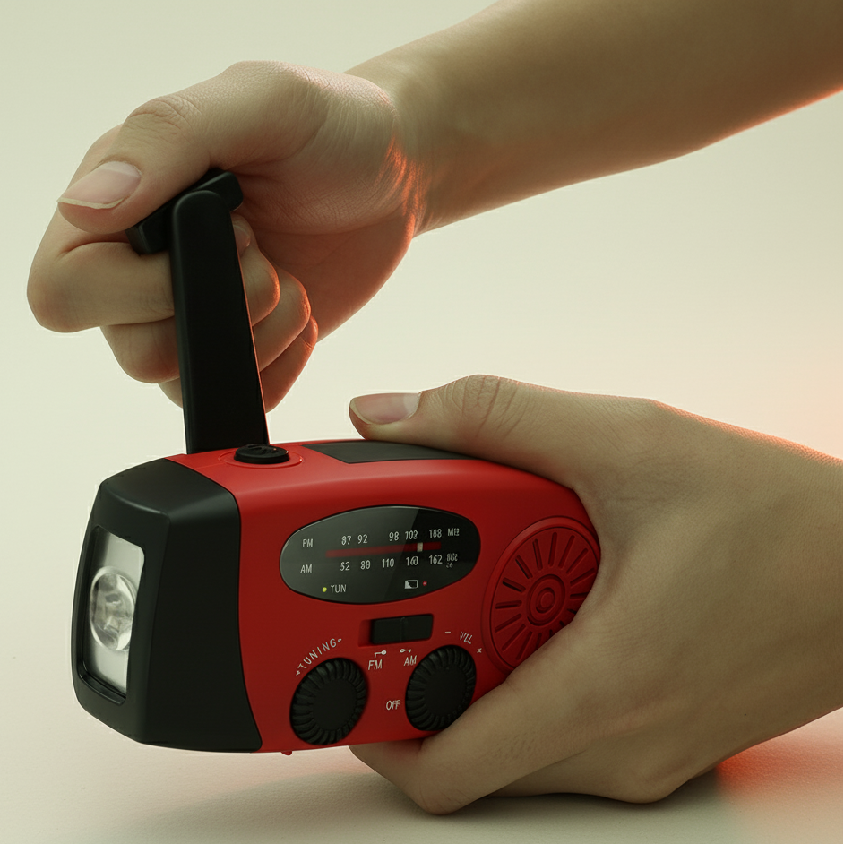 Close-up van handen die de rode noodradio handmatig opladen door aan de uitklapbare dynamo-zwengel aan de bovenkant te draaien.