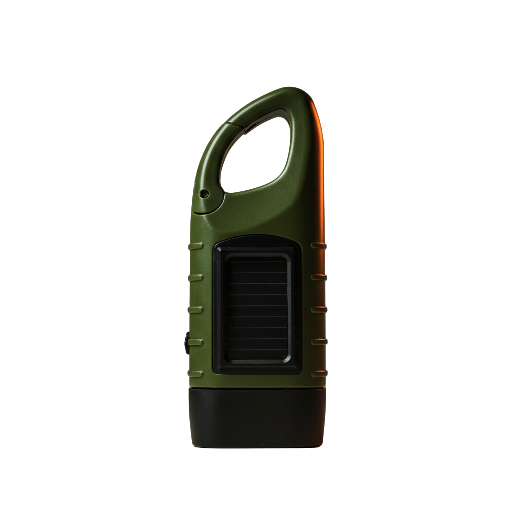 Olijfgroene opwindbare noodzaklamp met ingebouwd zonnepaneel aan de zijkant en een handige karabijnhaak aan de bovenkant.