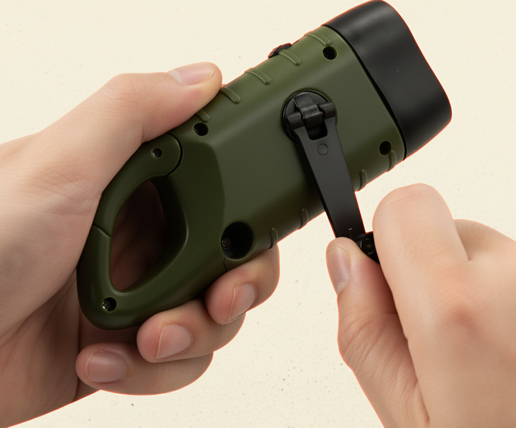 Close-up van handen die de dynamo-zwengel van de groene noodzaklamp ronddraaien om de interne batterij handmatig op te laden.