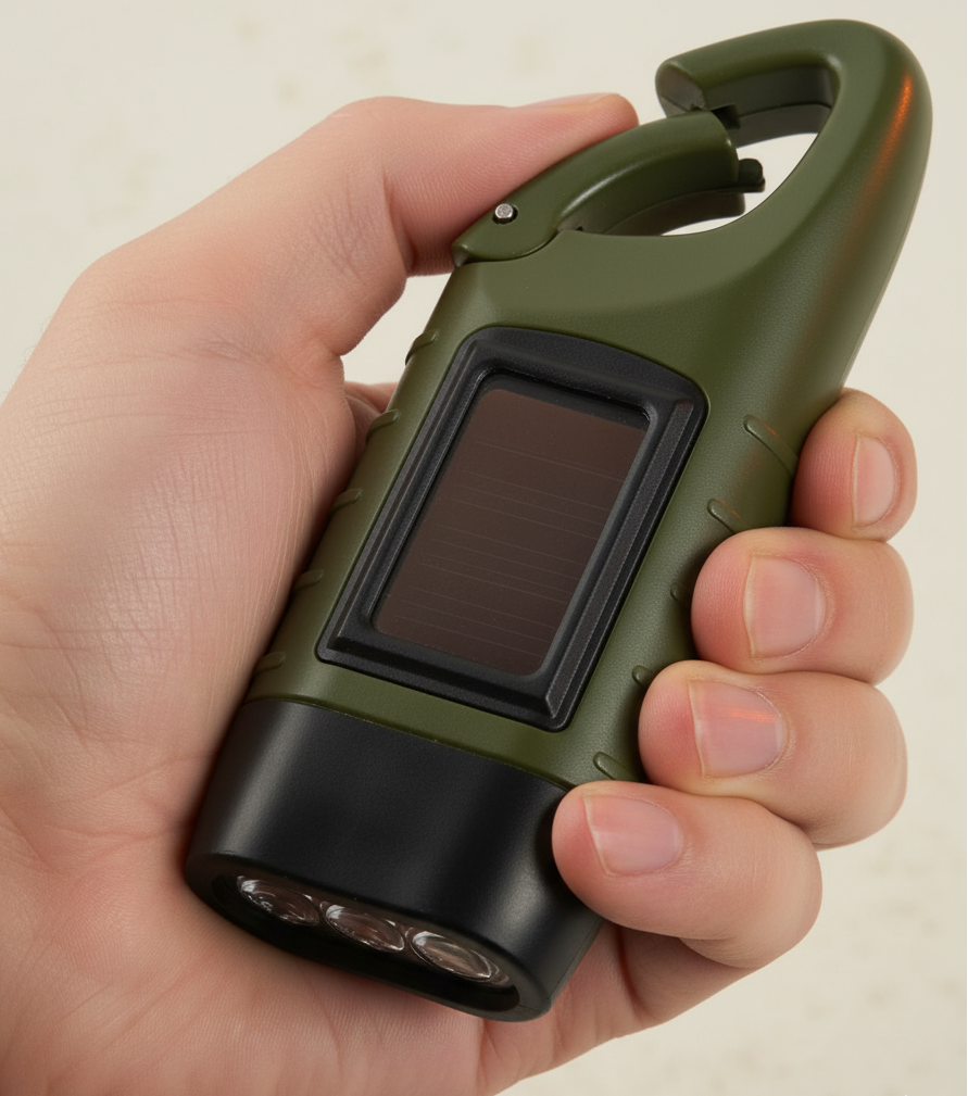 Een hand houdt de compacte, olijfgroene noodzaklamp vast, met het ingebouwde zonnepaneel duidelijk zichtbaar aan de voorkant.
