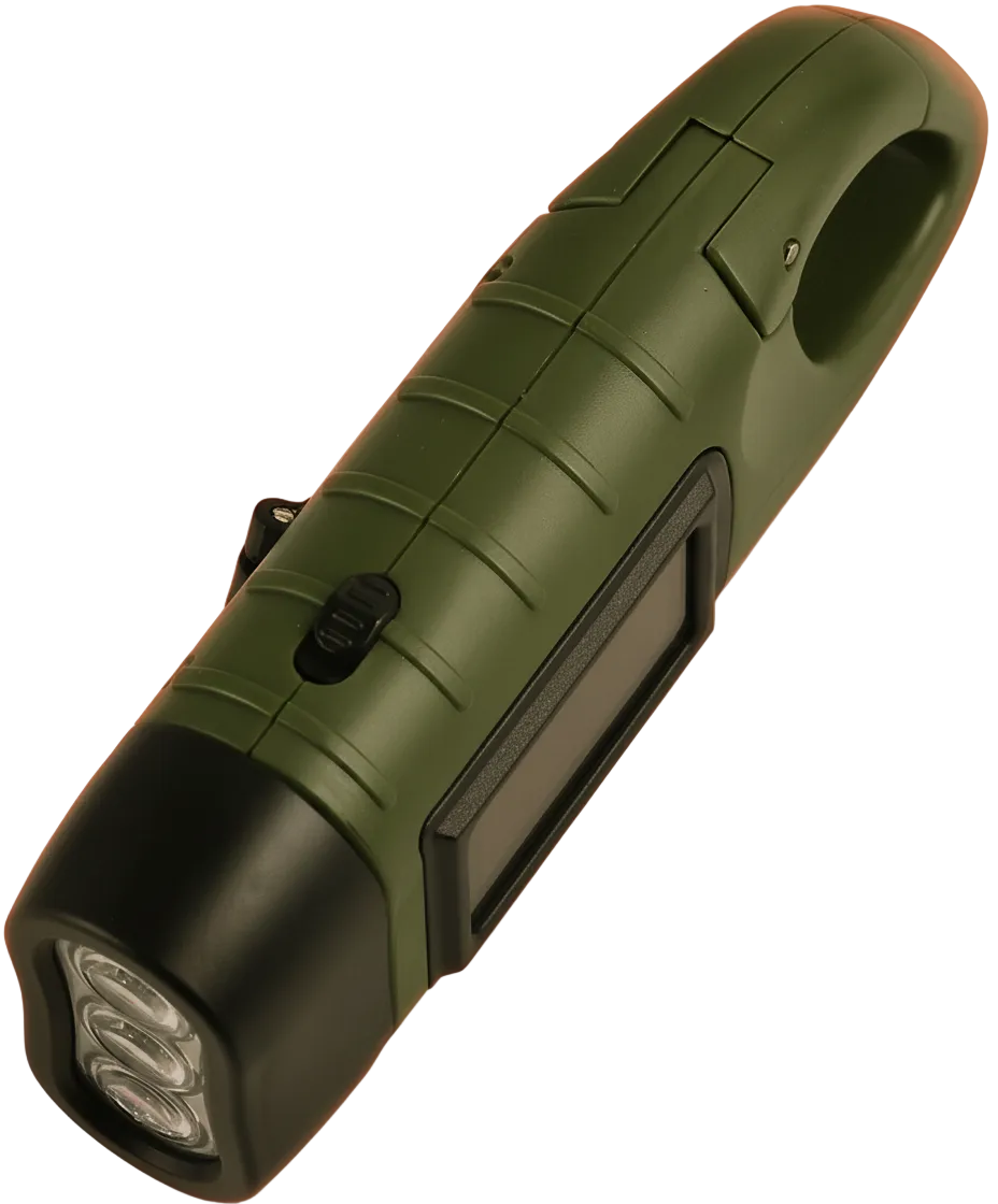 Zijaanzicht van de groene noodzaklamp, waarop de zwarte aan/uit-schuifknop, de geribbelde grip en de drie felle LED-lampen goed zichtbaar zijn.