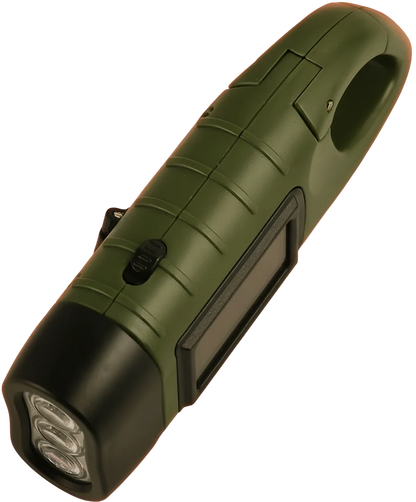 Zijaanzicht van de groene noodzaklamp, waarop de zwarte aan/uit-schuifknop, de geribbelde grip en de drie felle LED-lampen goed zichtbaar zijn.